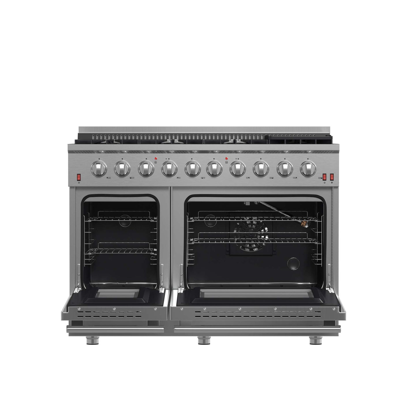 FORNO Galiano 48-inch Gas Range Stainless Steel, 8 Burners, 107,000 BTU, Griddle, 6.58 cu.ft. Double Oven