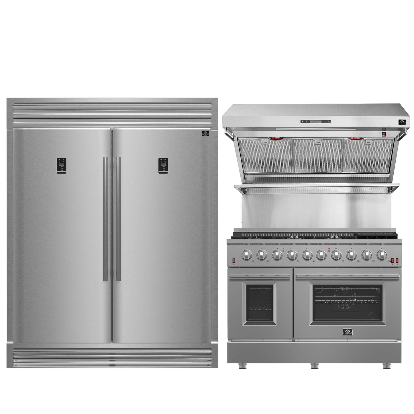 FORNO Premium 3-Piece Kitchen Bundle - FORNO Galiano 48" Freestanding Gas Range, FORNO Rizzuto 60" W. Dual Combo Convertible Refrigerator, FORNO 48" Wall Mount Range Hood