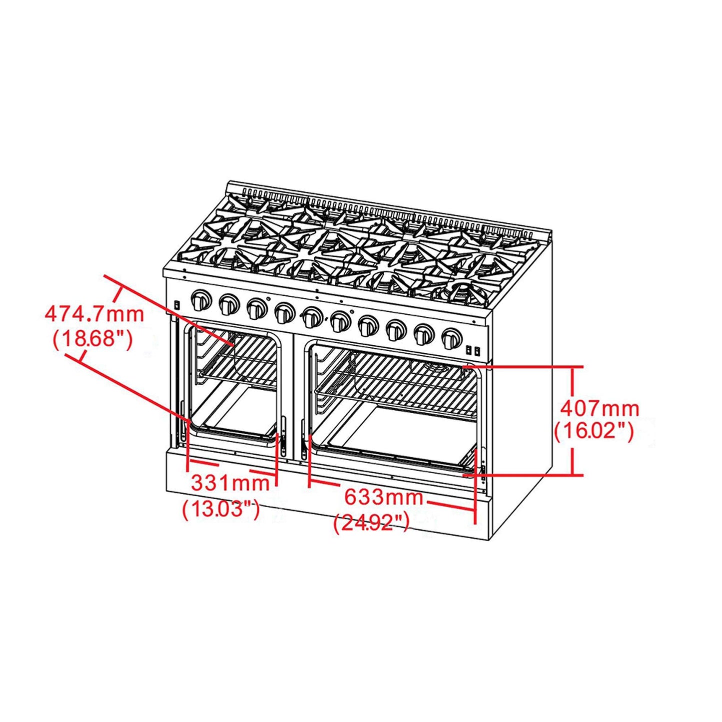 FORNO Galiano 48-inch Gas Range Stainless Steel, 8 Burners, 107,000 BTU, Griddle, 6.58 cu.ft. Double Oven