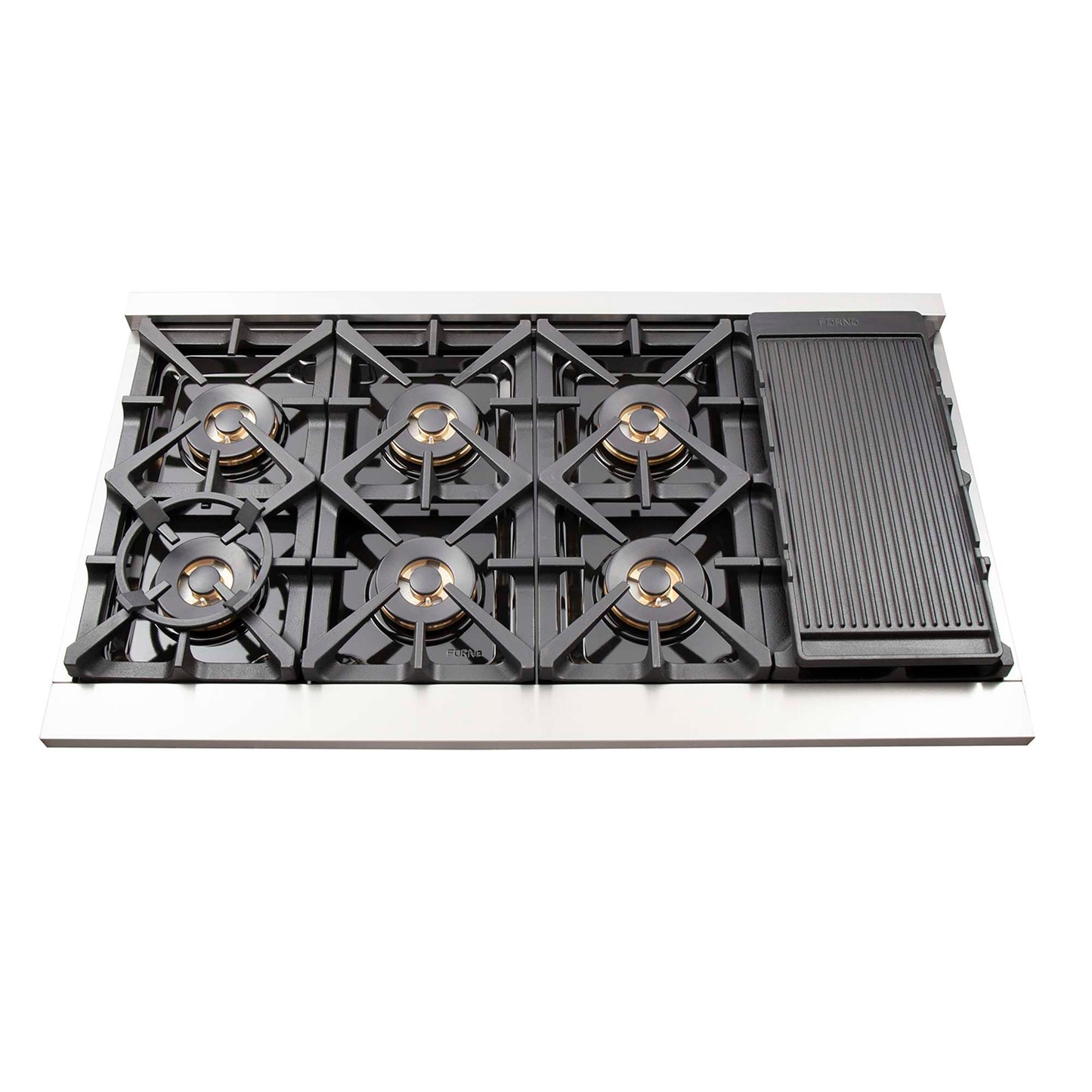 FORNO Capriasca 48-inch Gas Range Stainless Steel, 8 Brass Burners 160,000 BTU, 6.58 cu.ft. Double Oven