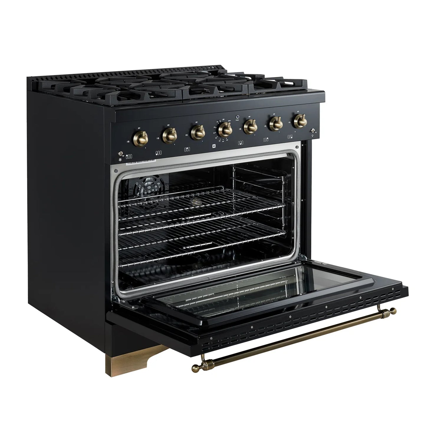 Forno Antico 36-inch Dual Fuel Range Black and Antique Brass Design with 6 Sealed Gas Burners and Electric Convection Oven