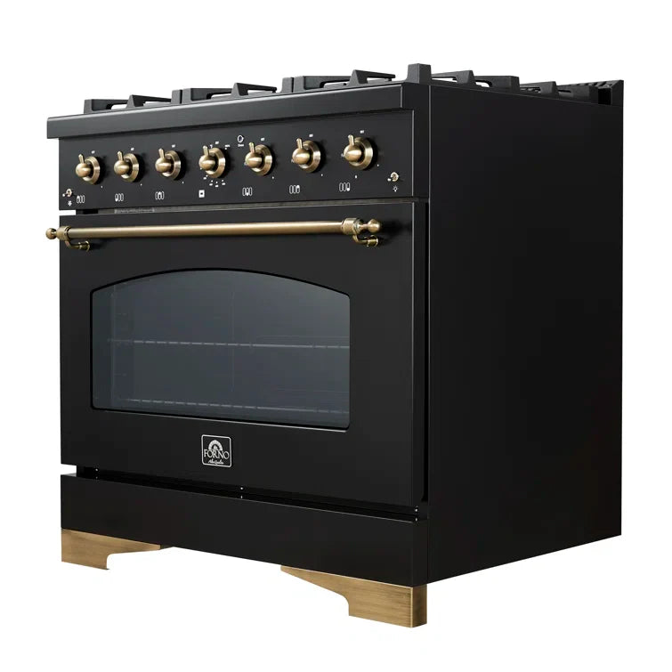 Forno Antico 36-inch Dual Fuel Range Black and Antique Brass Design with 6 Sealed Gas Burners and Electric Convection Oven
