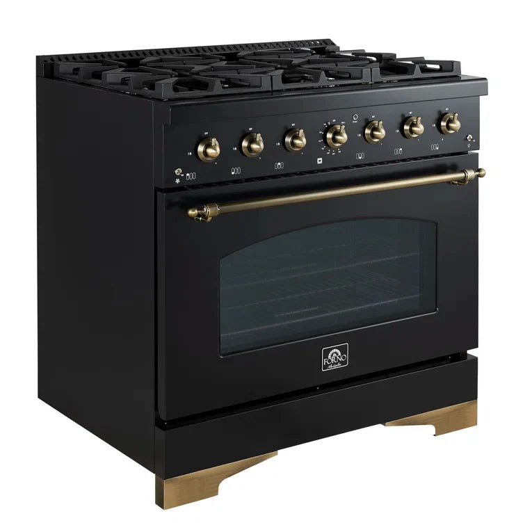 Forno Antico 36-inch Dual Fuel Range Black and Antique Brass Design with 6 Sealed Gas Burners and Electric Convection Oven
