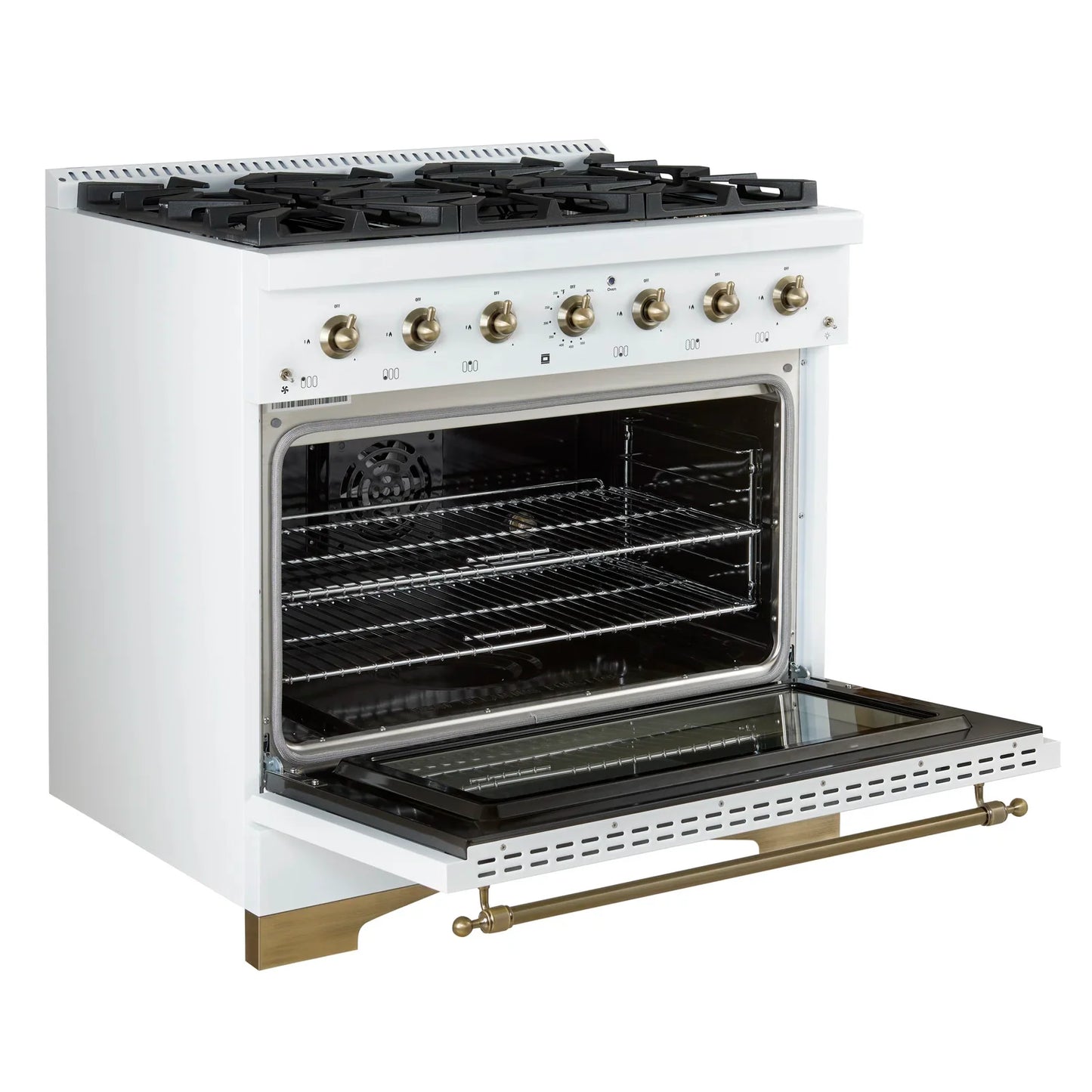Forno Antico 36-inch Freestanding Gas Range White and Antique Brass Design, 6 Sealed Burners 71,000 BTU, 4.5 cu.ft. Convection Oven