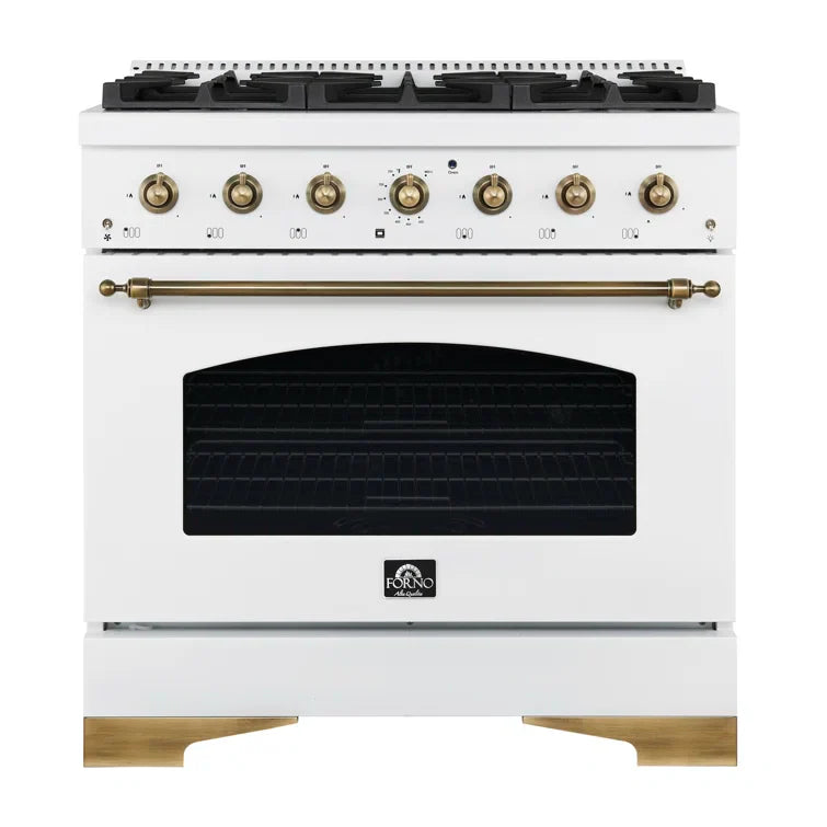 Forno Antico 36-inch Freestanding Gas Range White and Antique Brass Design, 6 Sealed Burners 71,000 BTU, 4.5 cu.ft. Convection Oven