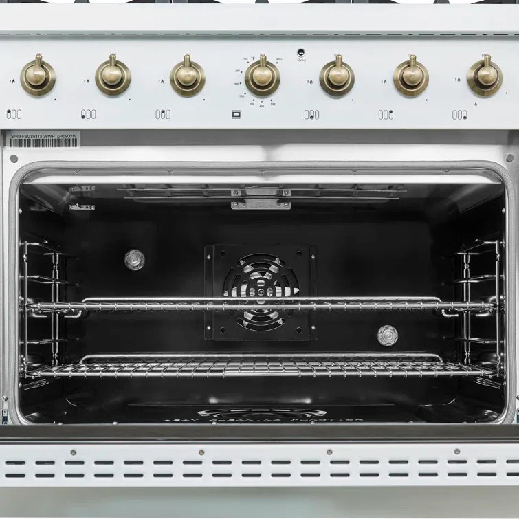 Forno Antico 36-inch Freestanding Gas Range White and Antique Brass Design, 6 Sealed Burners 71,000 BTU, 4.5 cu.ft. Convection Oven