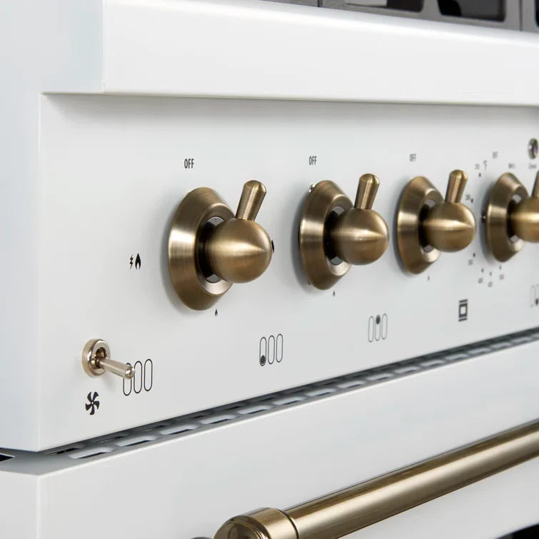 Forno Antico 36-inch Freestanding Gas Range White and Antique Brass Design, 6 Sealed Burners 71,000 BTU, 4.5 cu.ft. Convection Oven