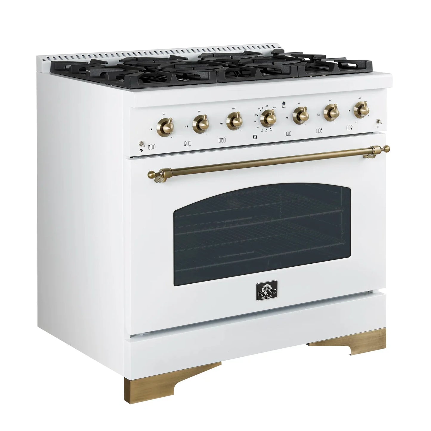 Forno Antico 36-inch Freestanding Gas Range White and Antique Brass Design, 6 Sealed Burners 71,000 BTU, 4.5 cu.ft. Convection Oven
