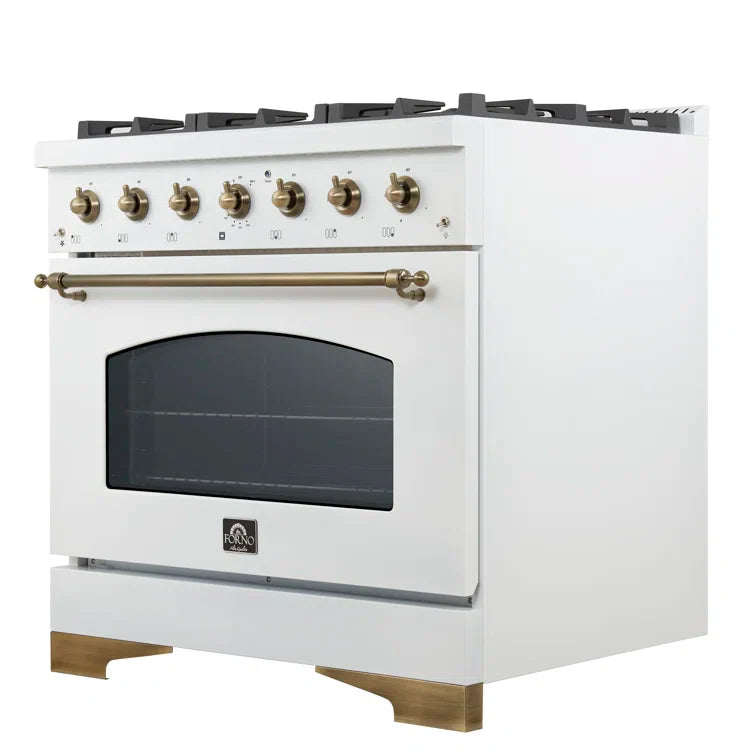 Forno Antico 36-inch Freestanding Gas Range White and Antique Brass Design, 6 Sealed Burners 71,000 BTU, 4.5 cu.ft. Convection Oven