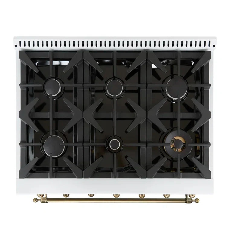 Forno Antico 36-inch Freestanding Gas Range White and Antique Brass Design, 6 Sealed Burners 71,000 BTU, 4.5 cu.ft. Convection Oven