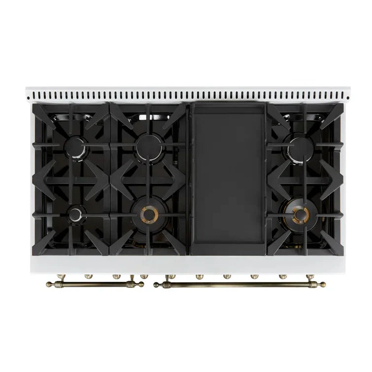 Forno Antico 48-inch Freestanding Gas Range White and Antique Brass Design, 8 Sealed Burners 94,000 BTU, Griddle, 5.5 cu.ft. Double Ovens