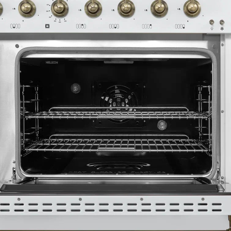 Forno Antico 48-inch Freestanding Gas Range White and Antique Brass Design, 8 Sealed Burners 94,000 BTU, Griddle, 5.5 cu.ft. Double Ovens
