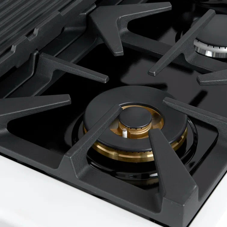 Forno Antico 48-inch Freestanding Gas Range White and Antique Brass Design, 8 Sealed Burners 94,000 BTU, Griddle, 5.5 cu.ft. Double Ovens
