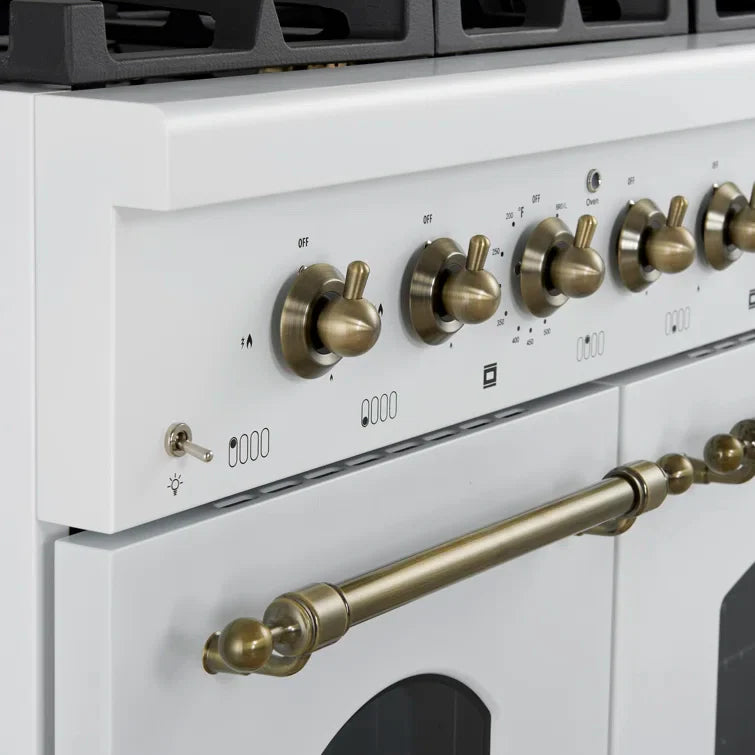 Forno Antico 48-inch Freestanding Gas Range White and Antique Brass Design, 8 Sealed Burners 94,000 BTU, Griddle, 5.5 cu.ft. Double Ovens