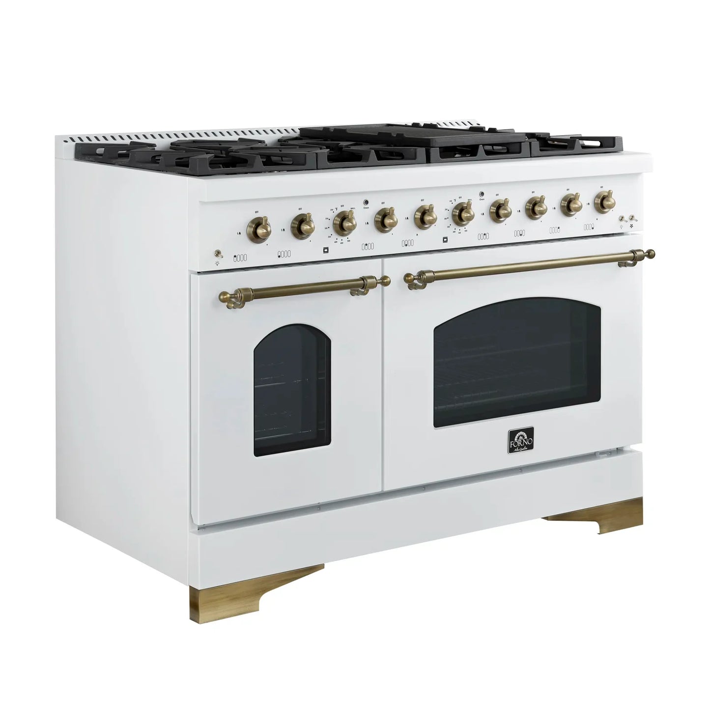 Forno Antico 48-inch Freestanding Gas Range White and Antique Brass Design, 8 Sealed Burners 94,000 BTU, Griddle, 5.5 cu.ft. Double Ovens