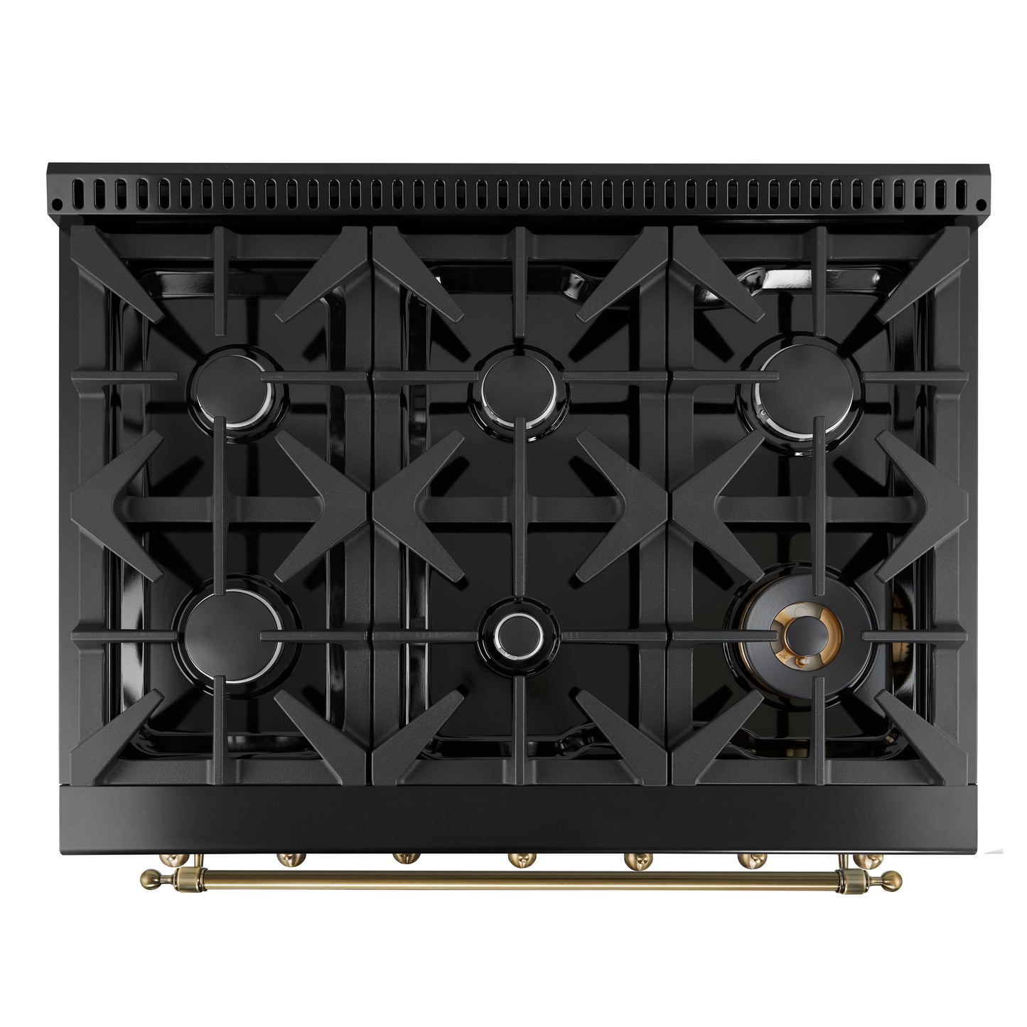 Forno Antico 36-inch Freestanding Gas Range Black and Antique Brass Design, 6 Sealed Burners 71,000 BTU, 4.5 cu.ft. Convection Oven