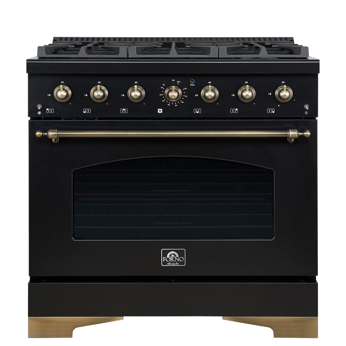 Forno Antico 36-inch Freestanding Gas Range Black and Antique Brass Design, 6 Sealed Burners 71,000 BTU, 4.5 cu.ft. Convection Oven