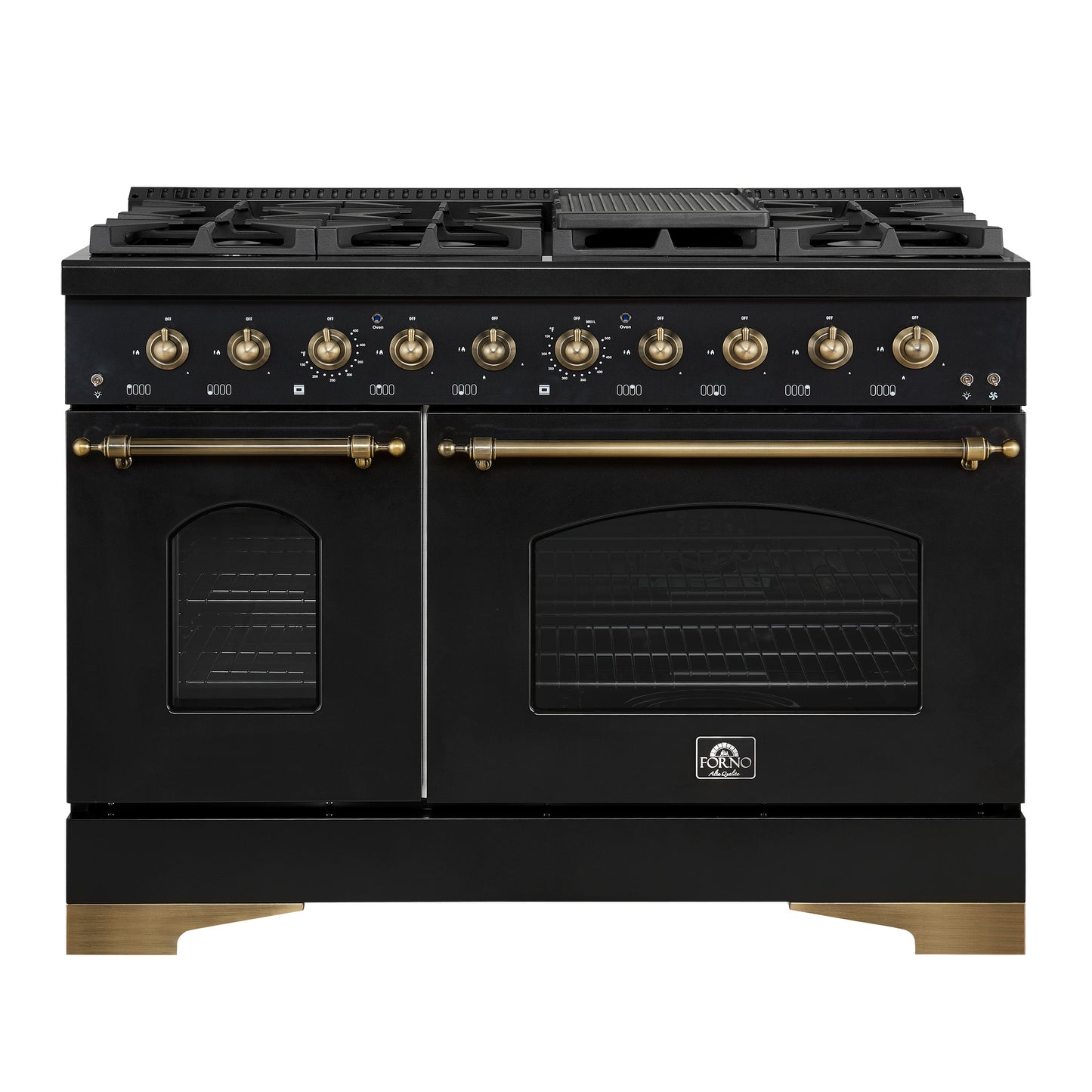 Forno Antico 48-inch Freestanding Gas Range Black and Antique Brass Design, 8 Sealed Burners 94,000 BTU, Griddle, 5.5 cu.ft. Double Ovens