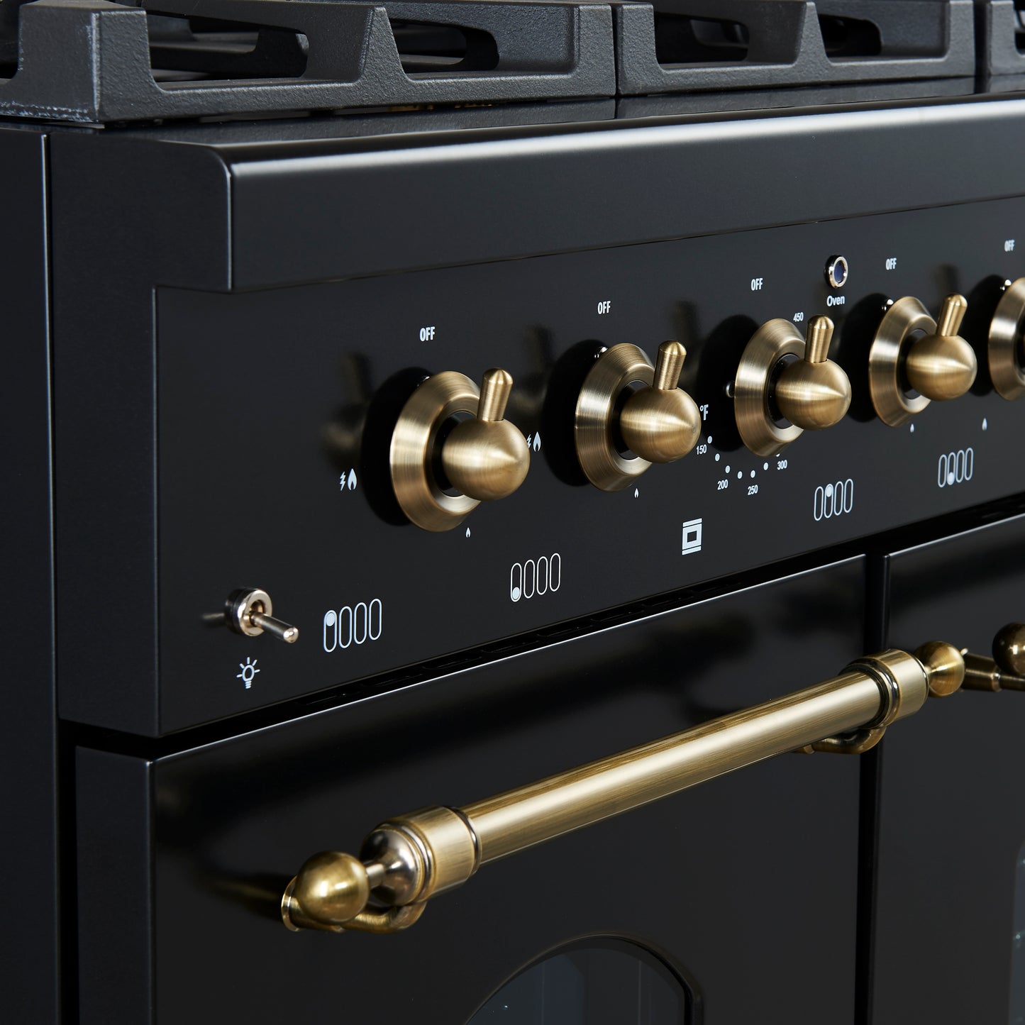 Forno Antico 48-inch Freestanding Gas Range Black and Antique Brass Design, 8 Sealed Burners 94,000 BTU, Griddle, 5.5 cu.ft. Double Ovens