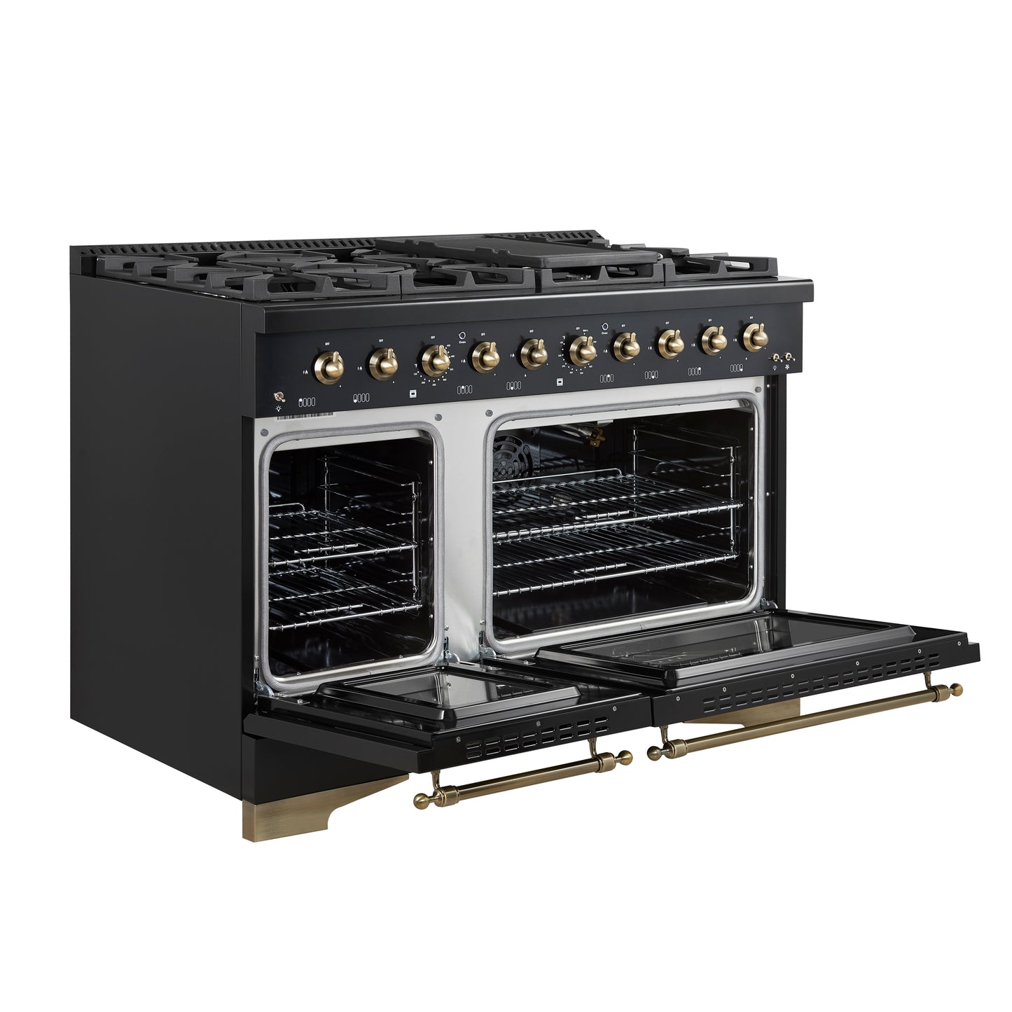 Forno Antico 48-inch Freestanding Gas Range Black and Antique Brass Design, 8 Sealed Burners 94,000 BTU, Griddle, 5.5 cu.ft. Double Ovens
