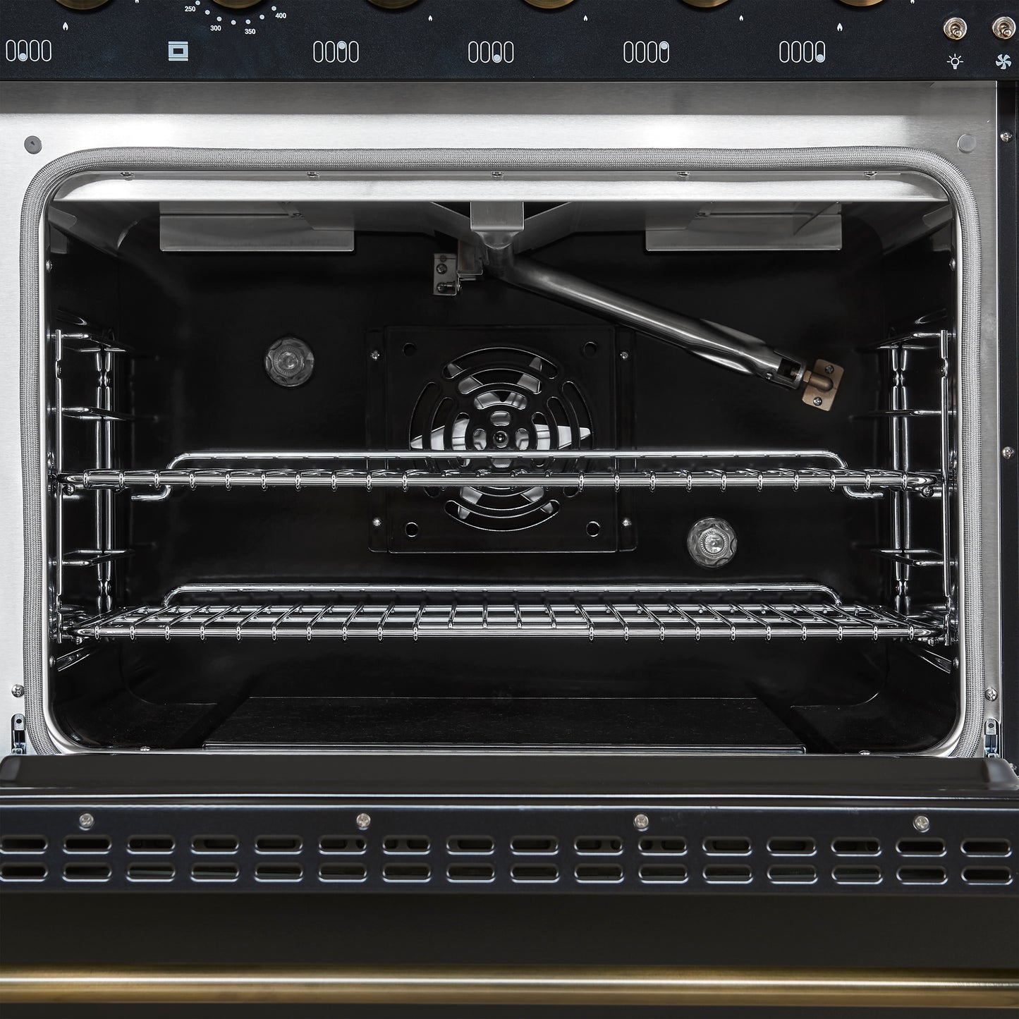 Forno Antico 48-inch Freestanding Gas Range Black and Antique Brass Design, 8 Sealed Burners 94,000 BTU, Griddle, 5.5 cu.ft. Double Ovens