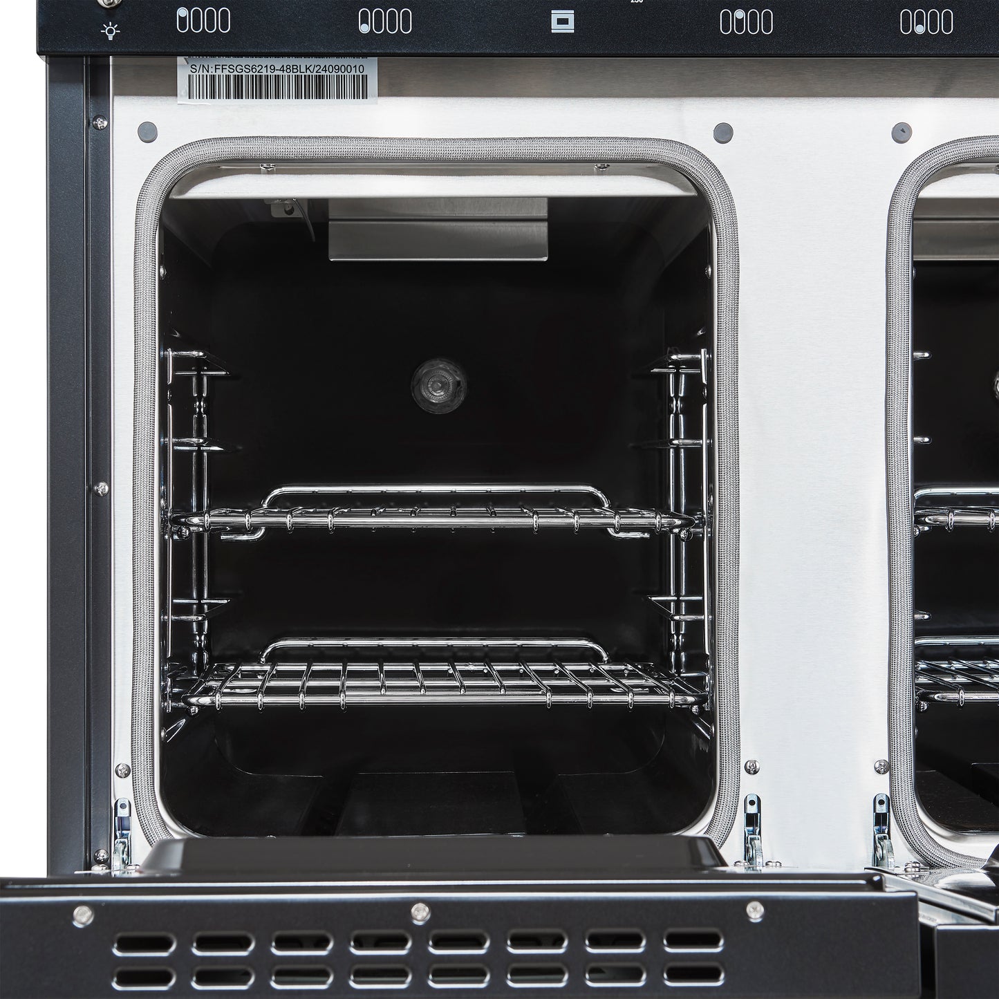 Forno Antico 48-inch Freestanding Gas Range Black and Antique Brass Design, 8 Sealed Burners 94,000 BTU, Griddle, 5.5 cu.ft. Double Ovens