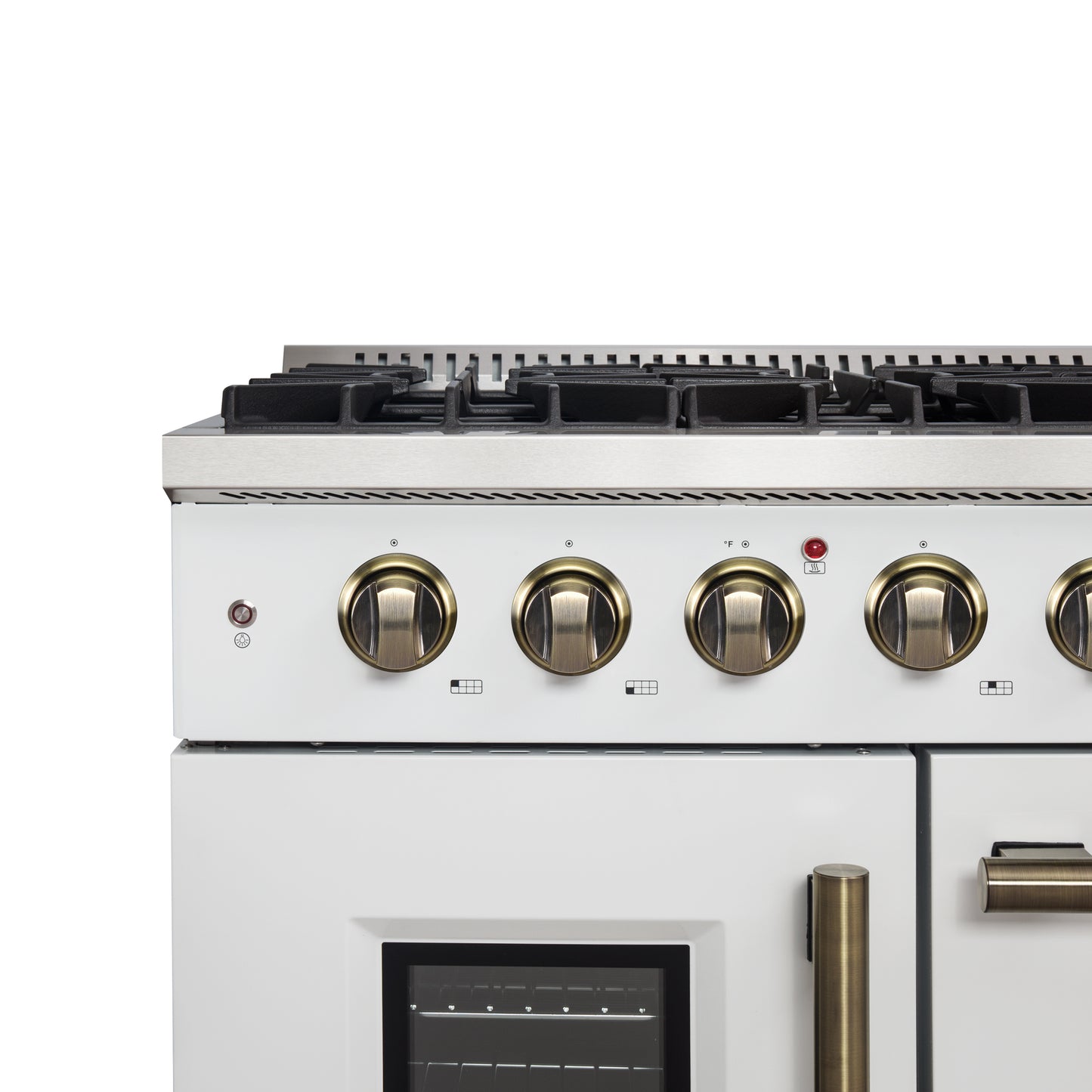 FORNO Galiano 48-inch Gas Range White & Antique Brass Design, 8 Burners, 107,000 BTU, Griddle, 6.58 cu.ft. Double Ovens