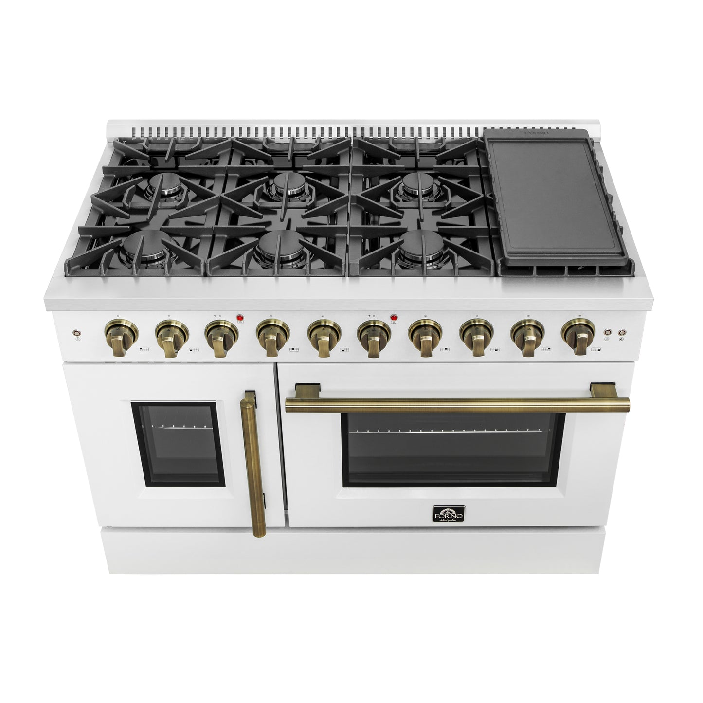 FORNO Galiano 48-inch Gas Range White & Antique Brass Design, 8 Burners, 107,000 BTU, Griddle, 6.58 cu.ft. Double Ovens
