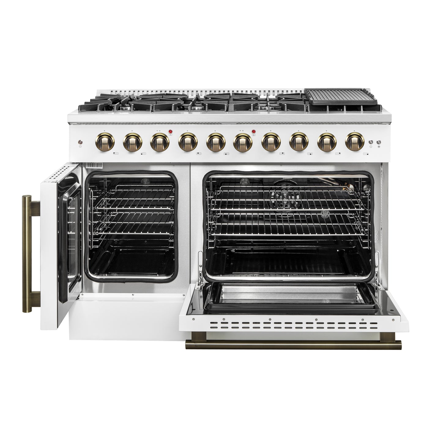 FORNO Galiano 48-inch Gas Range White & Antique Brass Design, 8 Burners, 107,000 BTU, Griddle, 6.58 cu.ft. Double Ovens