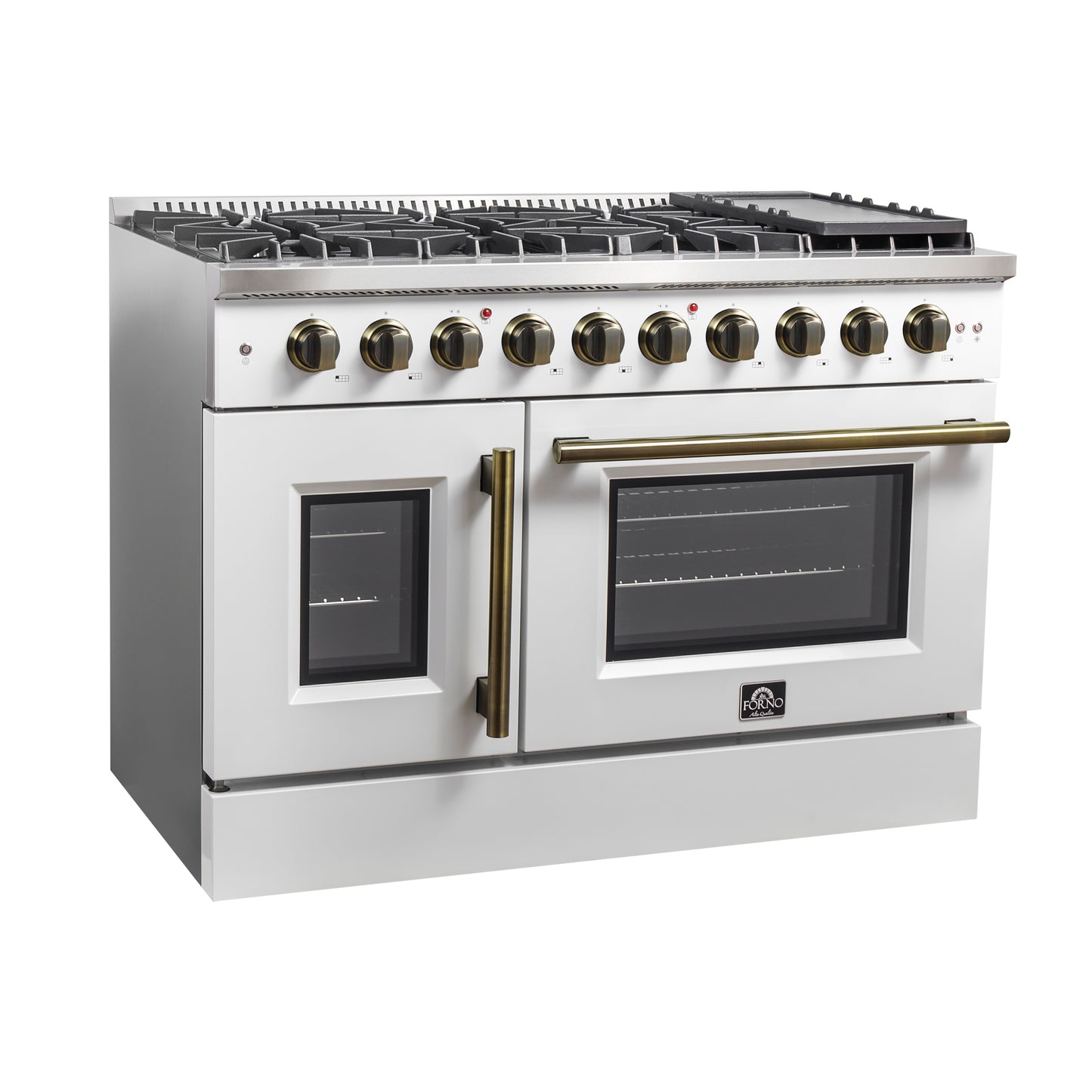 FORNO Galiano 48-inch Gas Range White & Antique Brass Design, 8 Burners, 107,000 BTU, Griddle, 6.58 cu.ft. Double Ovens