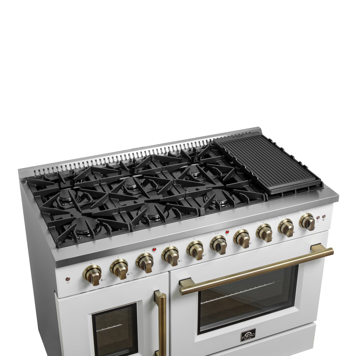FORNO Galiano 48-inch Gas Range White & Antique Brass Design, 8 Burners, 107,000 BTU, Griddle, 6.58 cu.ft. Double Ovens