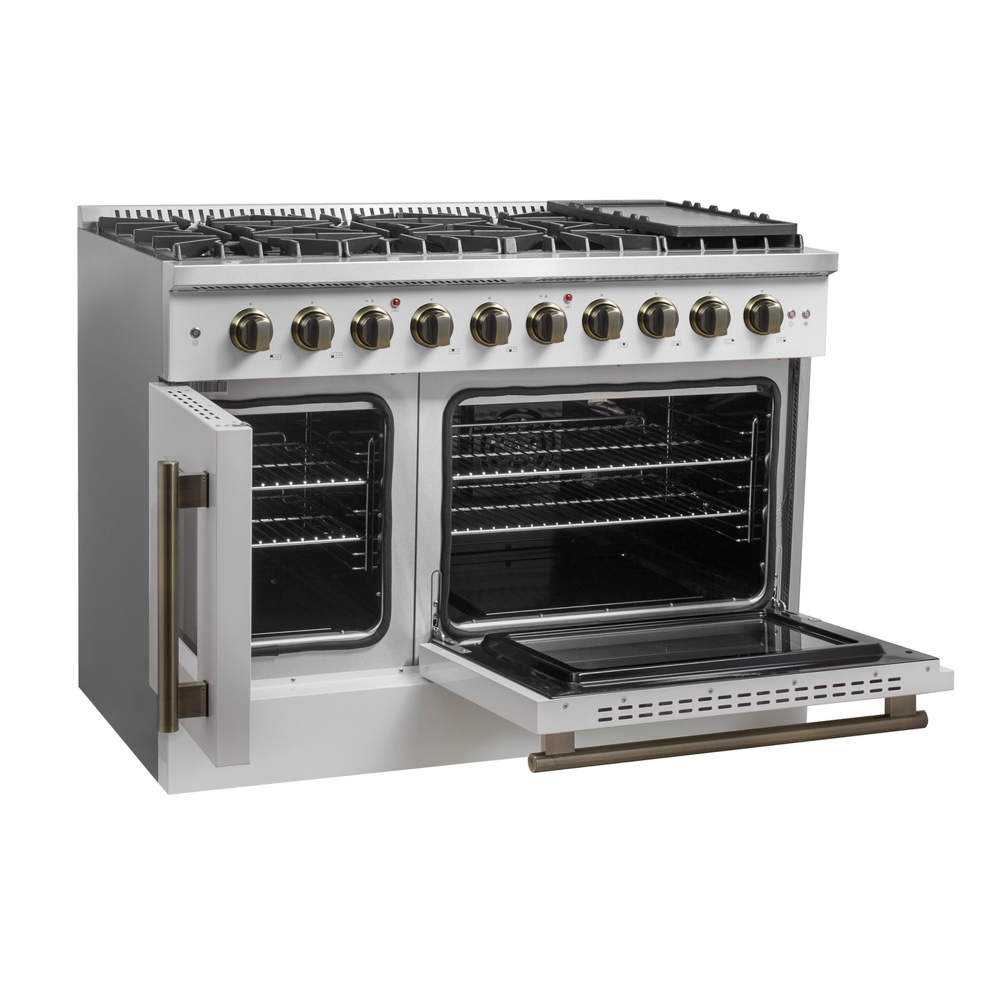 FORNO Galiano 48-inch Gas Range White & Antique Brass Design, 8 Burners, 107,000 BTU, Griddle, 6.58 cu.ft. Double Ovens