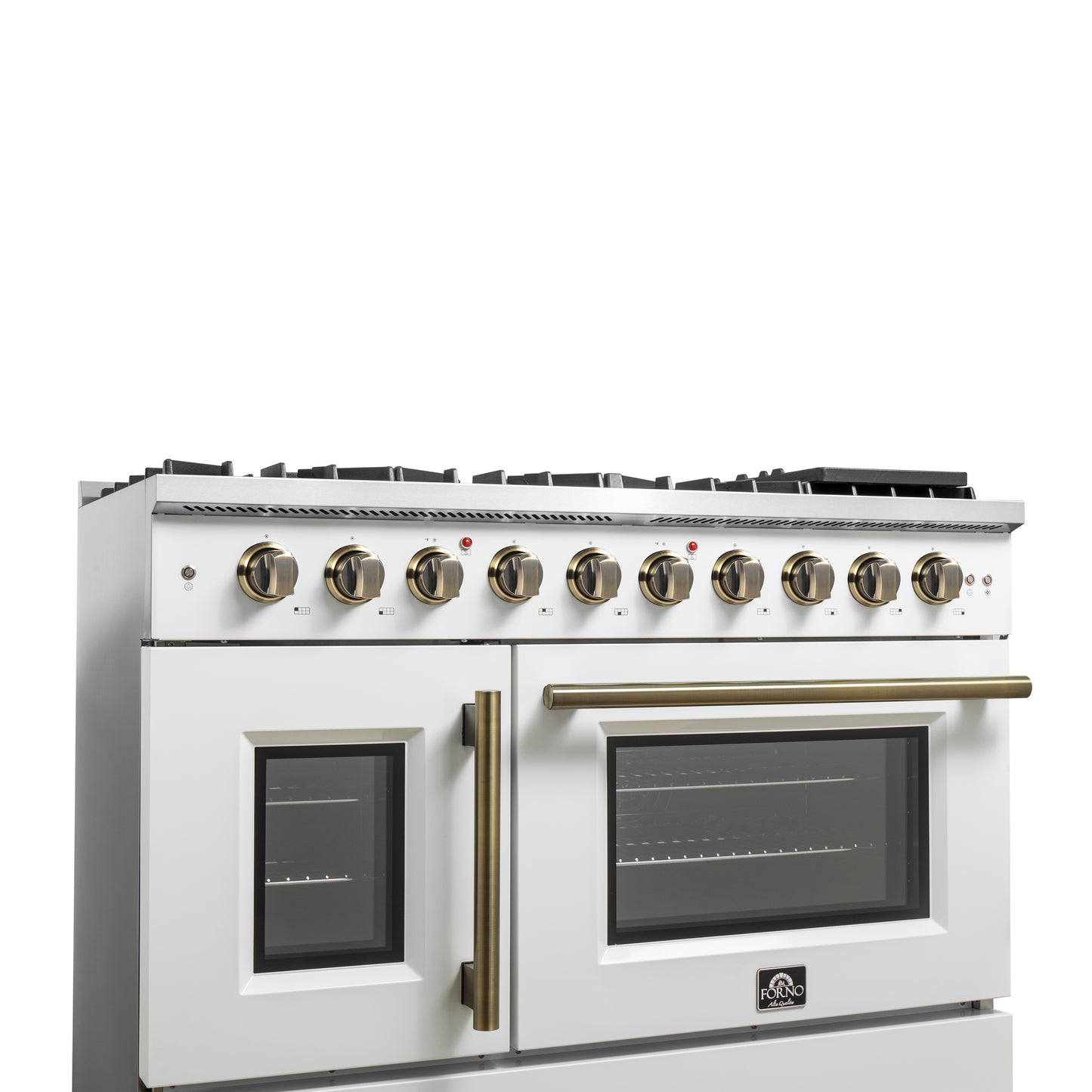 FORNO Galiano 48-inch Gas Range White & Antique Brass Design, 8 Burners, 107,000 BTU, Griddle, 6.58 cu.ft. Double Ovens