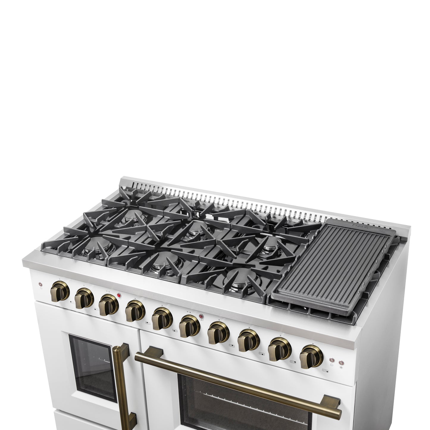 FORNO Galiano 48-inch Gas Range White & Antique Brass Design, 8 Burners, 107,000 BTU, Griddle, 6.58 cu.ft. Double Ovens