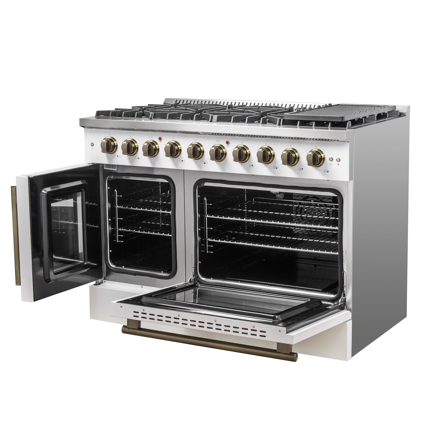 FORNO Galiano 48-inch Gas Range White & Antique Brass Design, 8 Burners, 107,000 BTU, Griddle, 6.58 cu.ft. Double Ovens
