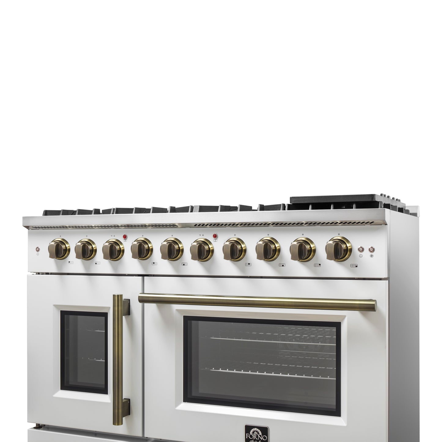 FORNO Galiano 48-inch Gas Range White & Antique Brass Design, 8 Burners, 107,000 BTU, Griddle, 6.58 cu.ft. Double Ovens