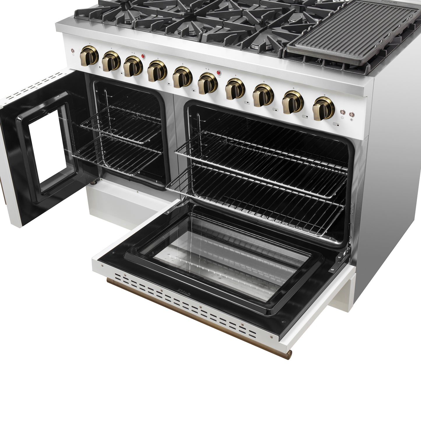FORNO Galiano 48-inch Gas Range White & Antique Brass Design, 8 Burners, 107,000 BTU, Griddle, 6.58 cu.ft. Double Ovens