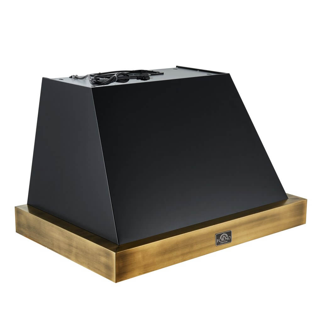 Vittorio 36" Wall Mount Range Hood in Black & Antique Brass Trim, 600 CFM with Baffle Filters & Remote Control