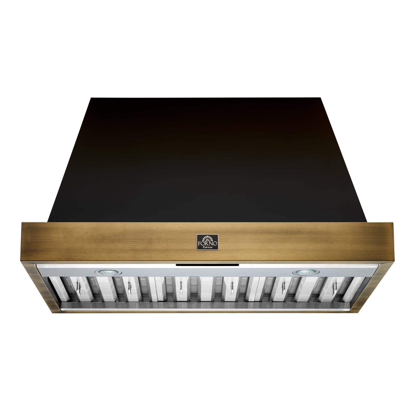 Vittorio 36" Wall Mount Range Hood in Black & Antique Brass Trim, 600 CFM with Baffle Filters & Remote Control