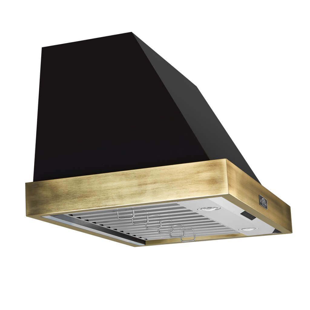 Vittorio 36" Wall Mount Range Hood in Black & Antique Brass Trim, 600 CFM with Baffle Filters & Remote Control