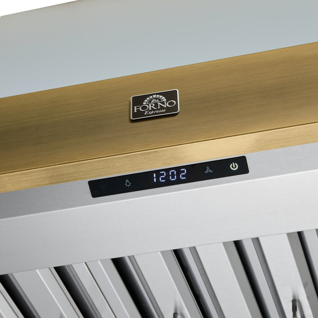 Vittorio 36" Wall Mount Range Hood in Black & Antique Brass Trim, 600 CFM with Baffle Filters & Remote Control