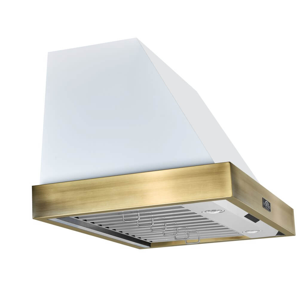 Vittorio 36" Wall Mount Range Hood in Black & Antique Brass Trim, 600 CFM with Baffle Filters & Remote Control