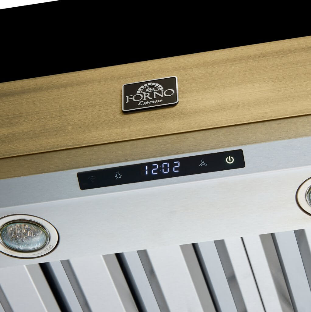 Vittorio 48" Wall Mount Range Hood in Black & Antique Brass Trim, 600 CFM with Baffle Filters & Remote Control