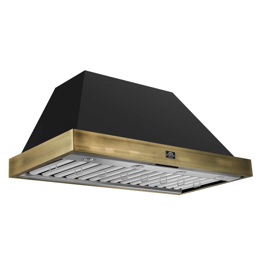 Vittorio 48" Wall Mount Range Hood in Black & Antique Brass Trim, 600 CFM with Baffle Filters & Remote Control