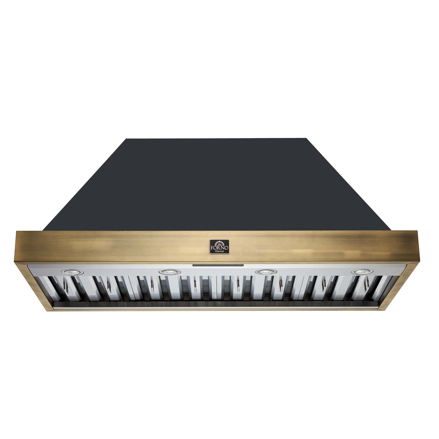 Vittorio 48" Wall Mount Range Hood in Black & Antique Brass Trim, 600 CFM with Baffle Filters & Remote Control