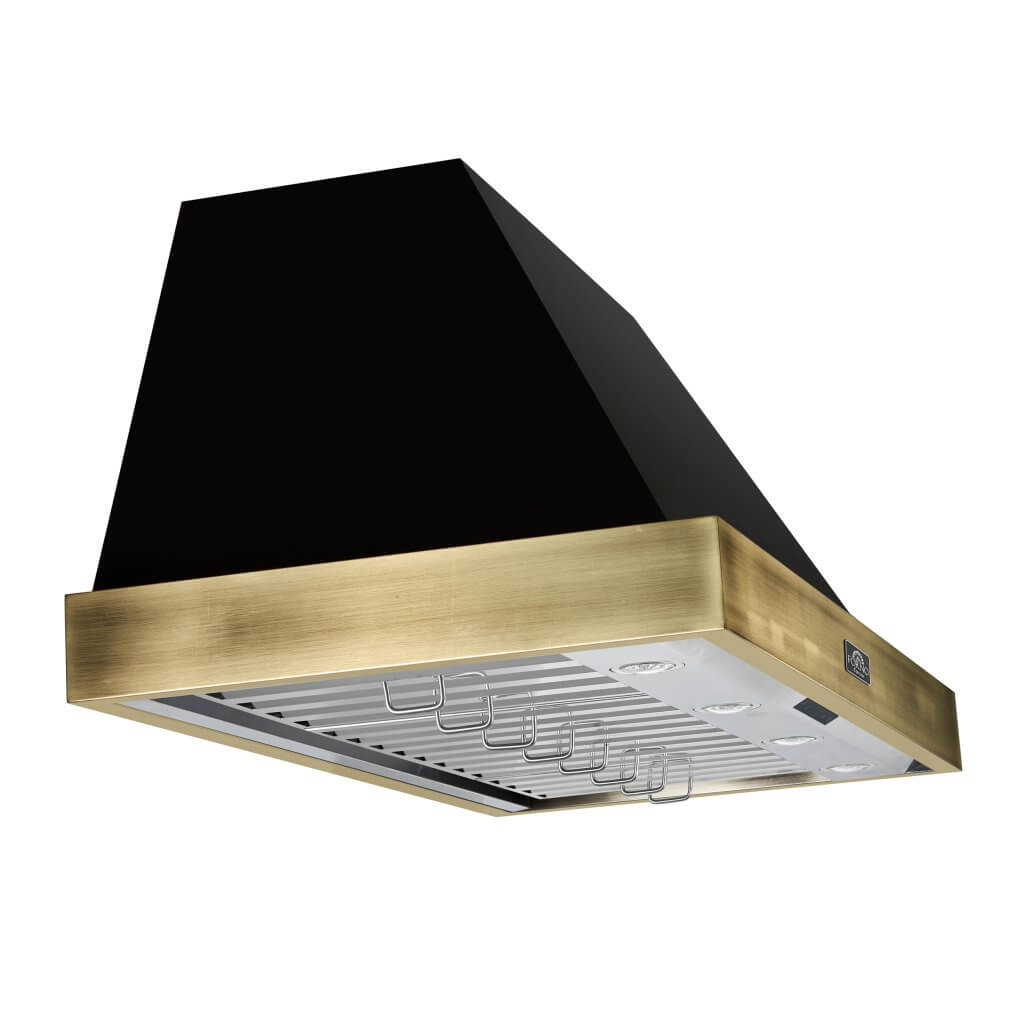 Vittorio 48" Wall Mount Range Hood in Black & Antique Brass Trim, 600 CFM with Baffle Filters & Remote Control
