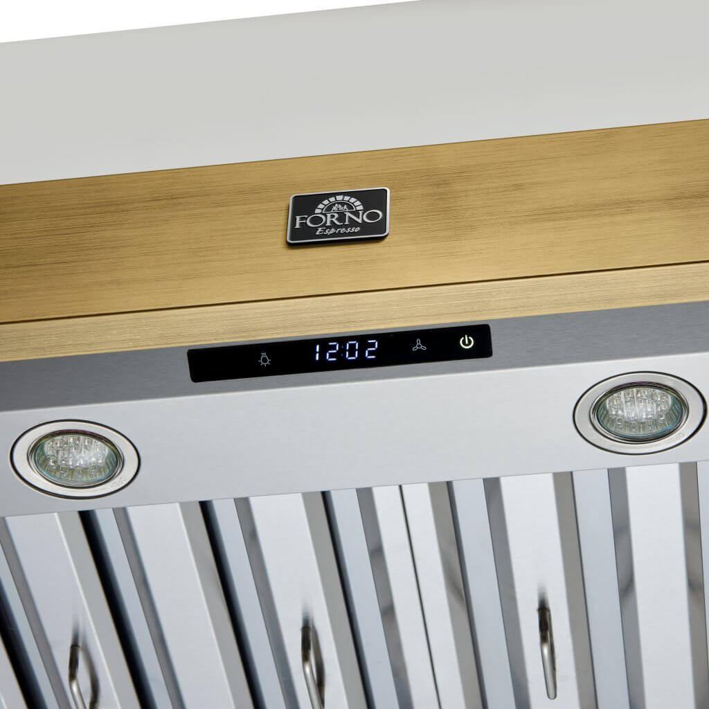 Vittorio 48" Wall Mount Range Hood in Black & Antique Brass Trim, 600 CFM with Baffle Filters & Remote Control