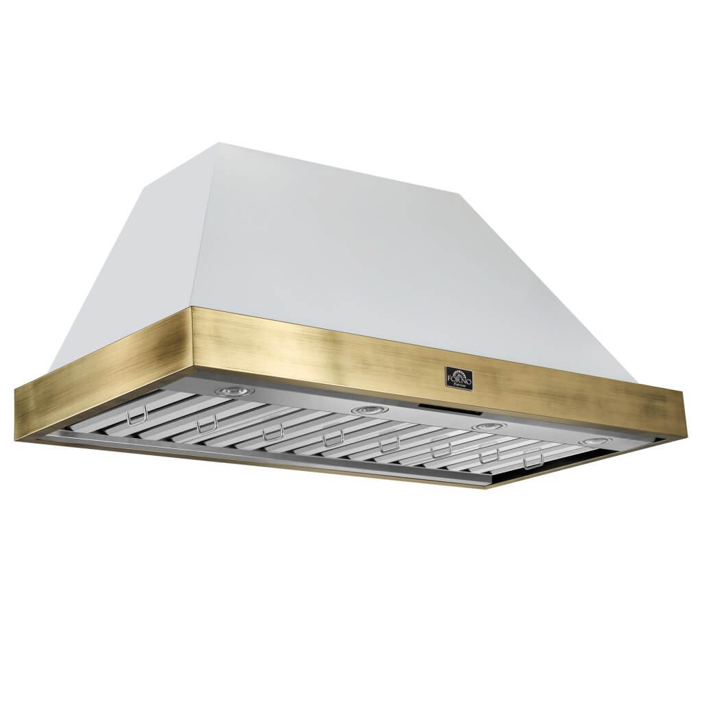 Vittorio 48" Wall Mount Range Hood in Black & Antique Brass Trim, 600 CFM with Baffle Filters & Remote Control