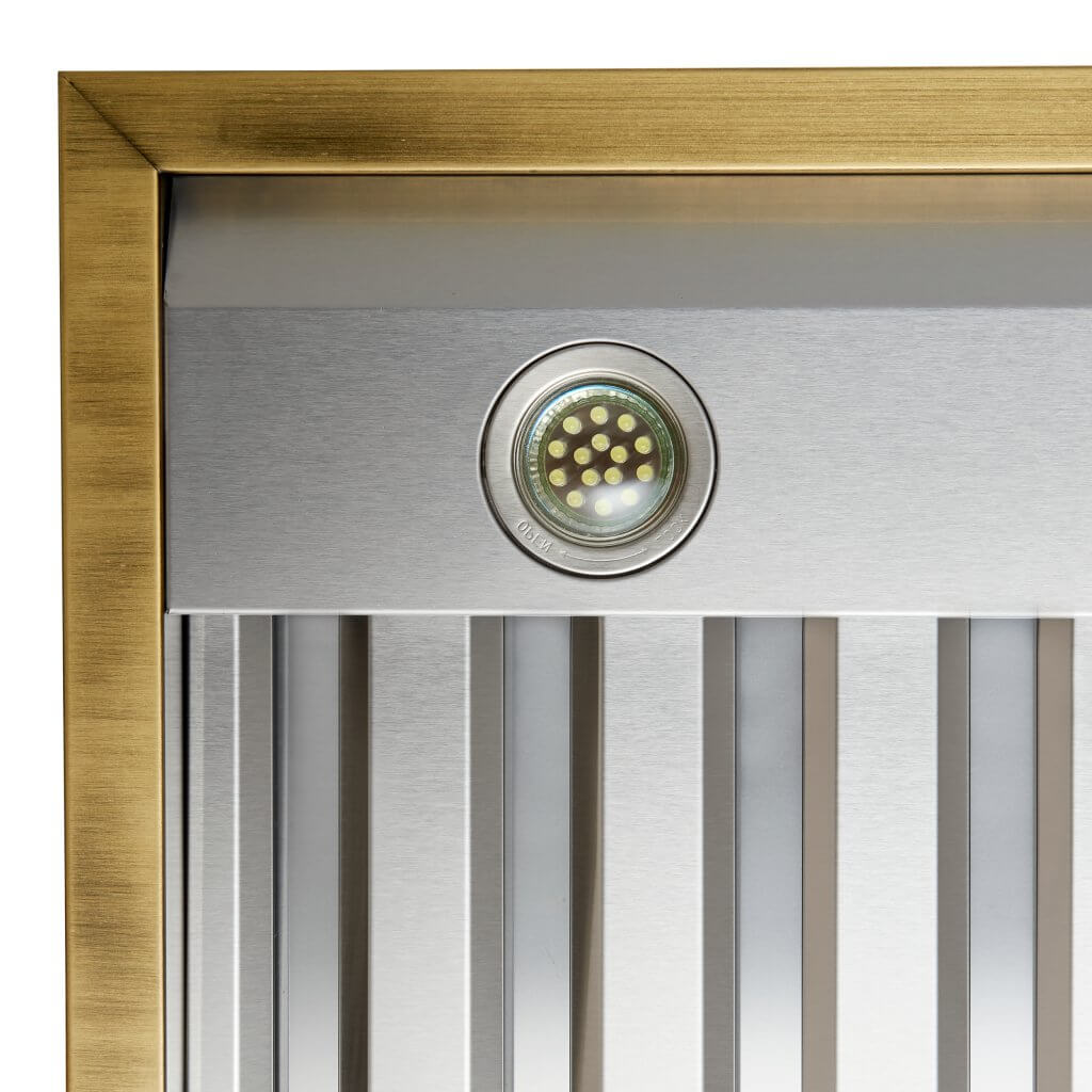 Vittorio 48" Wall Mount Range Hood in Black & Antique Brass Trim, 600 CFM with Baffle Filters & Remote Control
