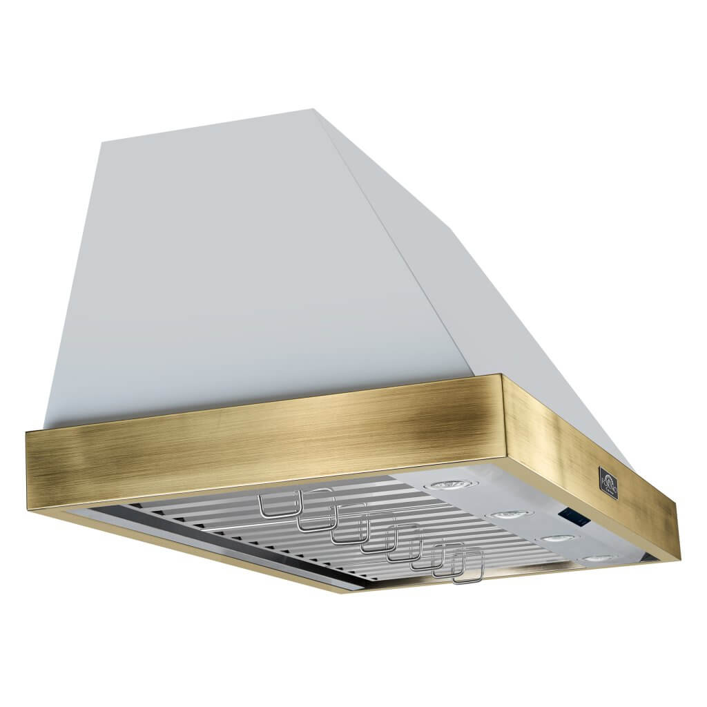 Vittorio 48" Wall Mount Range Hood in Black & Antique Brass Trim, 600 CFM with Baffle Filters & Remote Control